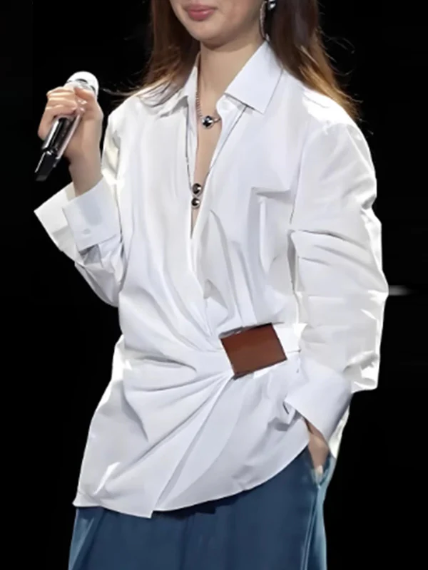 Long Sleeves Loose Buttoned Pleated Solid Color Lapel Blouses&Shirts Tops - Image 2