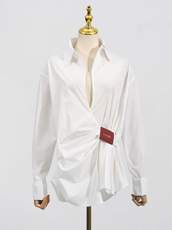 Long Sleeves Loose Buttoned Pleated Solid Color Lapel Blouses&Shirts Tops - Image 3