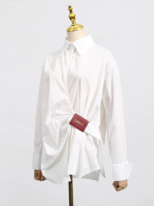 Long Sleeves Loose Buttoned Pleated Solid Color Lapel Blouses&Shirts Tops - Image 4