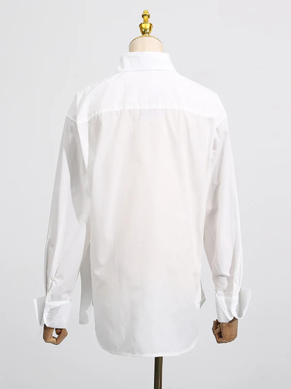 Long Sleeves Loose Buttoned Pleated Solid Color Lapel Blouses&Shirts Tops - Image 5