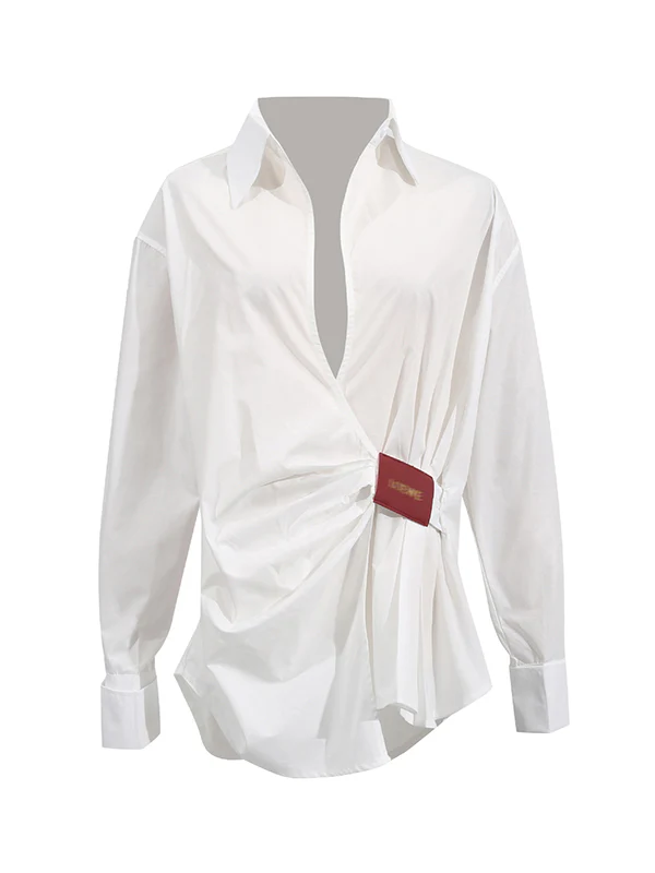 Long Sleeves Loose Buttoned Pleated Solid Color Lapel Blouses&Shirts Tops - Image 7