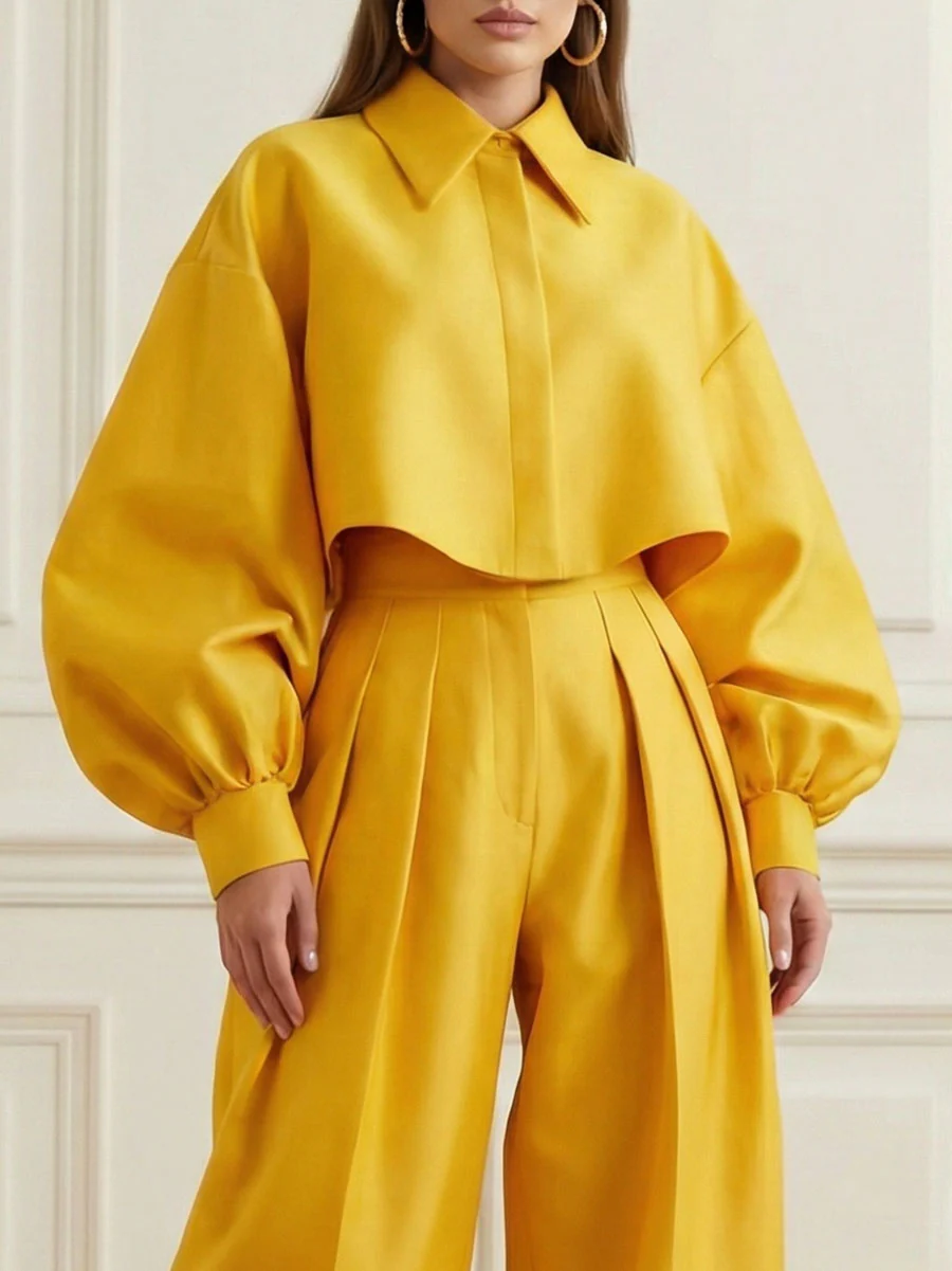 Long Sleeves Loose Buttoned Pleated Solid Color Lapel Blouses&Shirts Tops - Image 2