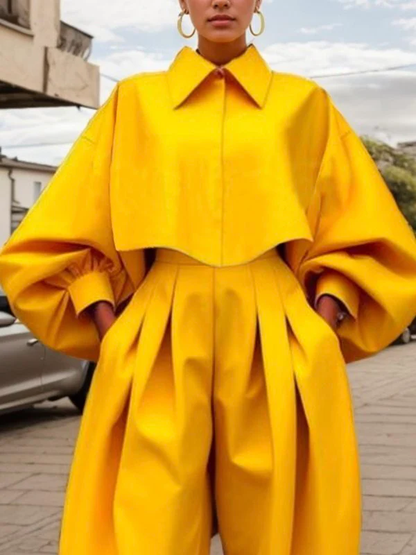 Long Sleeves Loose Buttoned Pleated Solid Color Lapel Blouses&Shirts Tops - Image 4