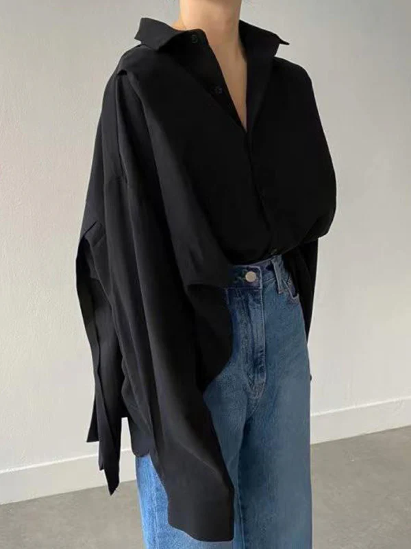Long Sleeves Loose Buttoned Pleated Solid Color Lapel Collar Blouses&shirts Tops - Image 2
