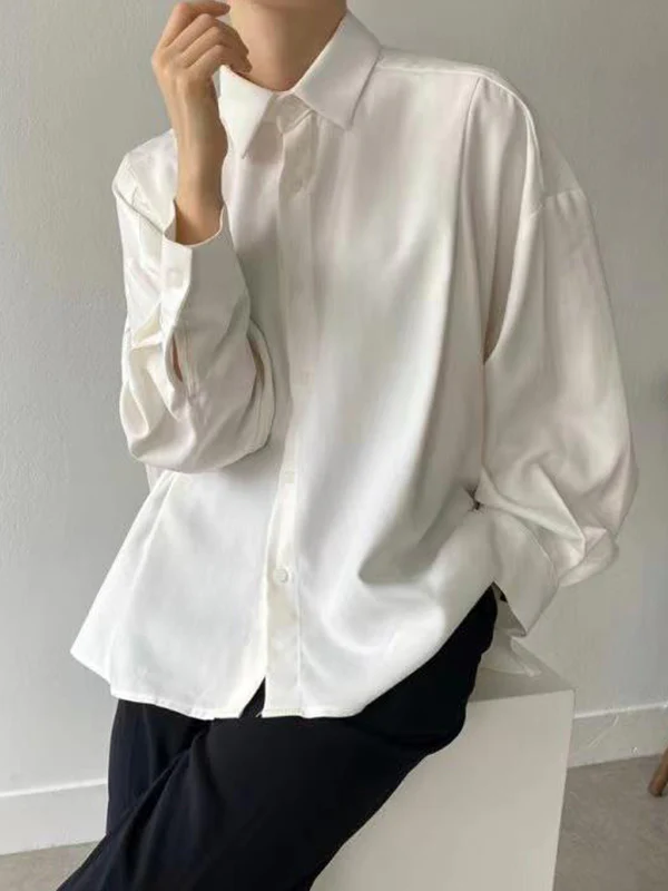 Long Sleeves Loose Buttoned Pleated Solid Color Lapel Collar Blouses&shirts Tops - Image 3