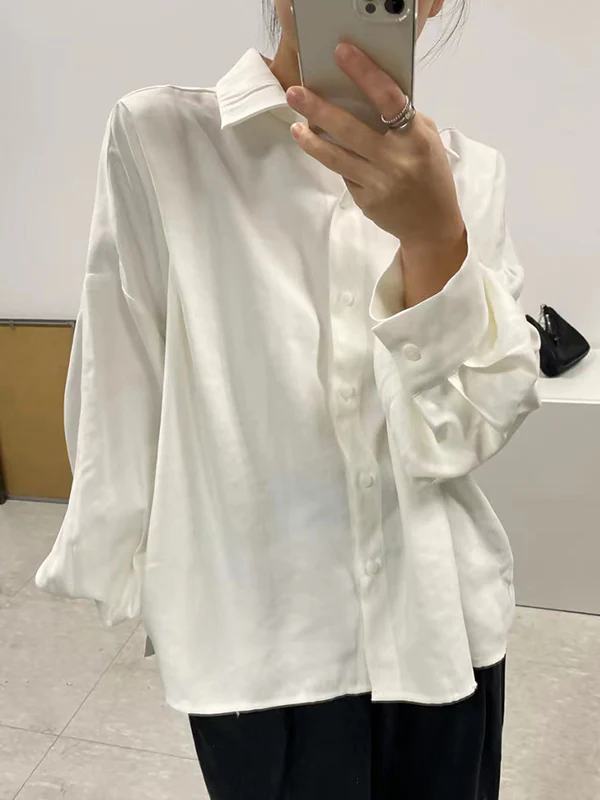 Long Sleeves Loose Buttoned Pleated Solid Color Lapel Collar Blouses&shirts Tops - Image 4