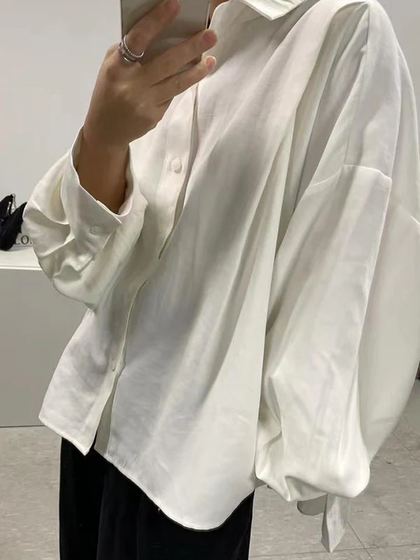 Long Sleeves Loose Buttoned Pleated Solid Color Lapel Collar Blouses&shirts Tops - Image 5
