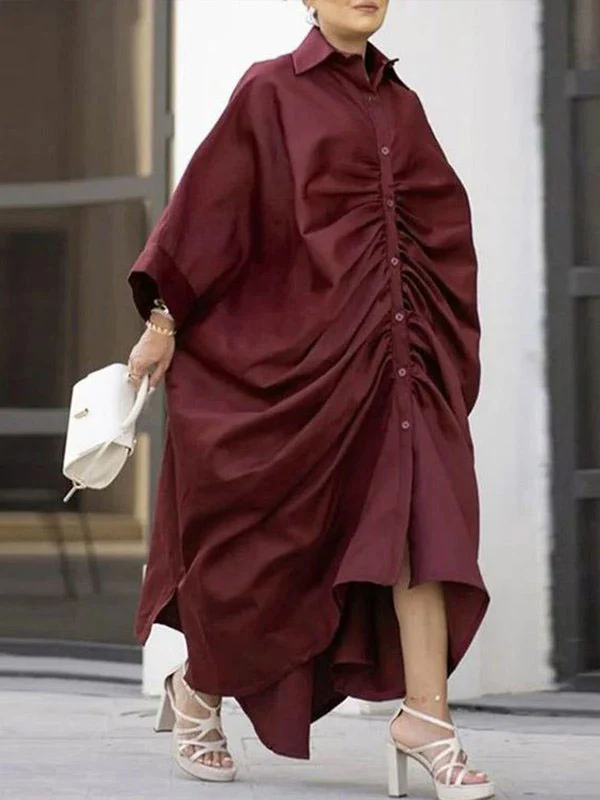Long Sleeves Loose Buttoned Pleated Solid Color Lapel Maxi Dresses Shirt Dress - Image 2