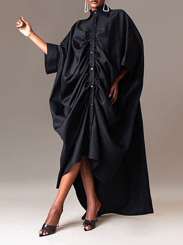Long Sleeves Loose Buttoned Pleated Solid Color Lapel Maxi Dresses Shirt Dress - Image 3