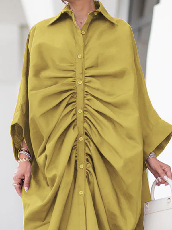 Long Sleeves Loose Buttoned Pleated Solid Color Lapel Maxi Dresses Shirt Dress - Image 4