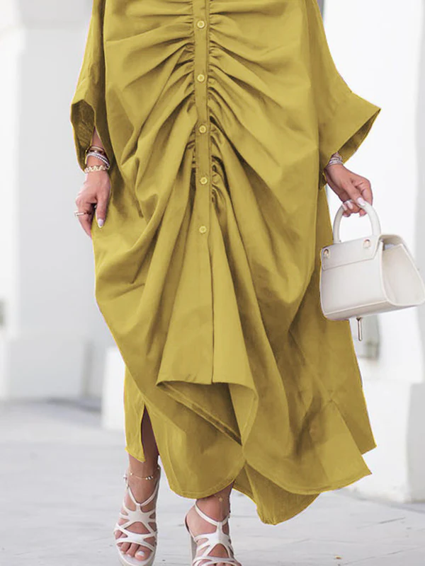 Long Sleeves Loose Buttoned Pleated Solid Color Lapel Maxi Dresses Shirt Dress - Image 5