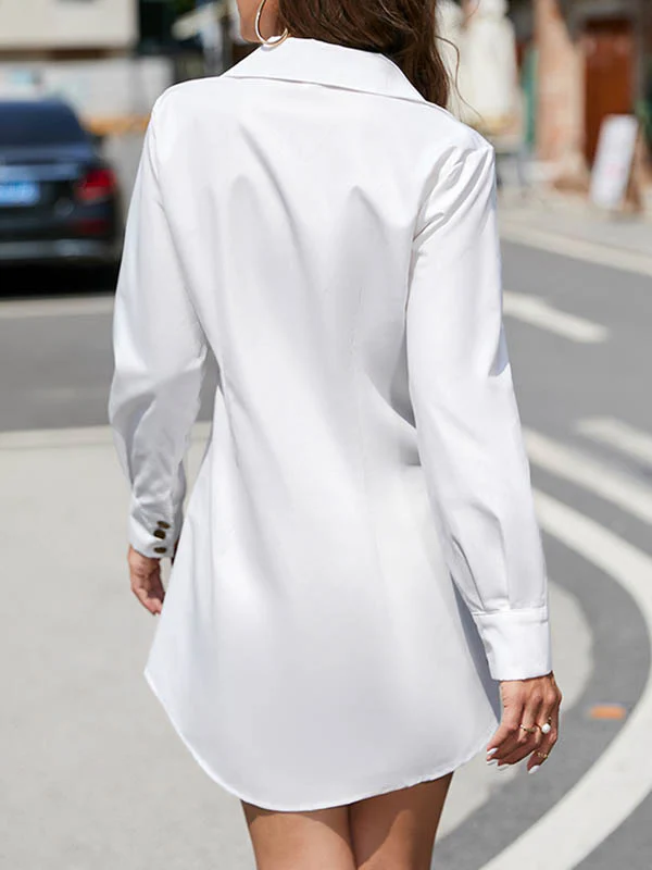 Long Sleeves Loose Buttoned Pleated Solid Color Lapel Mini Dresses Shirt Dress - Image 11