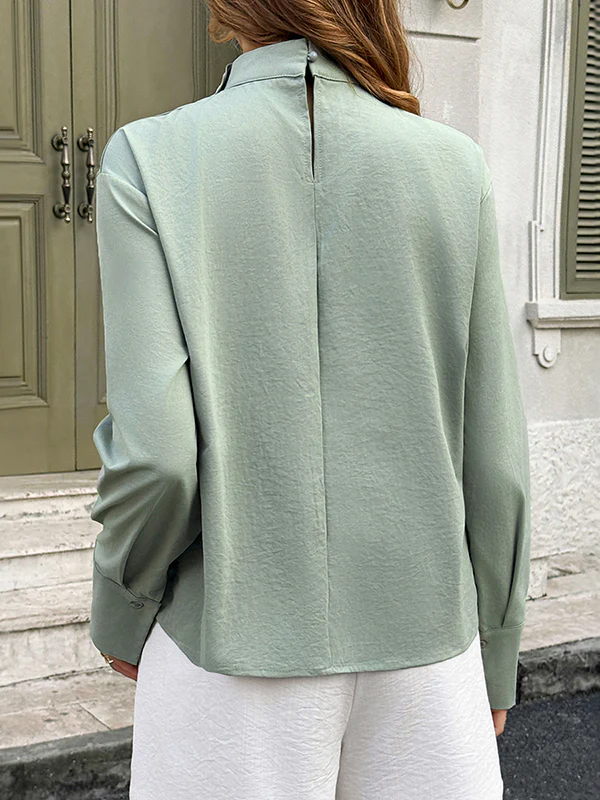 Long Sleeves Loose Buttoned Pleated Solid Color Mock Neck Blouses&shirts Tops - Image 5