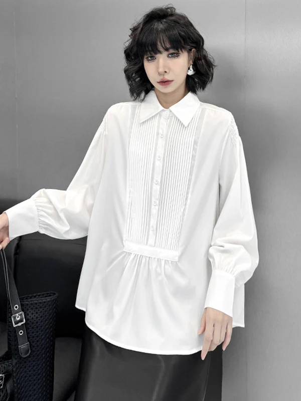 Long Sleeves Loose Buttoned Pleated Solid Color Polo Blouses&Shirts Tops - Image 10