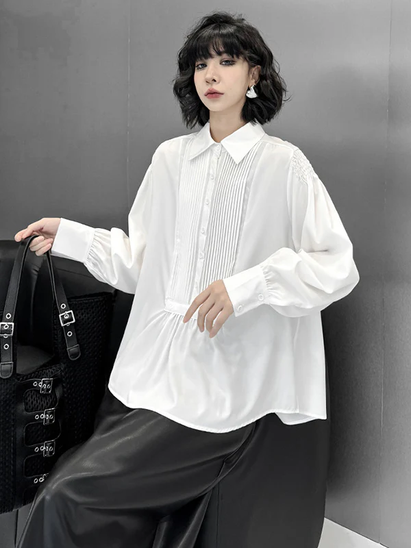 Long Sleeves Loose Buttoned Pleated Solid Color Polo Blouses&Shirts Tops - Image 11