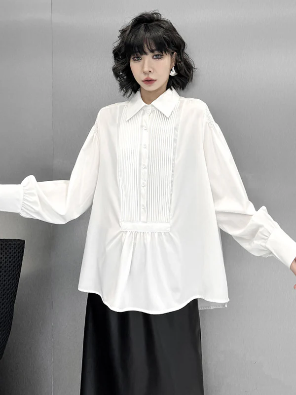 Long Sleeves Loose Buttoned Pleated Solid Color Polo Blouses&Shirts Tops - Image 12
