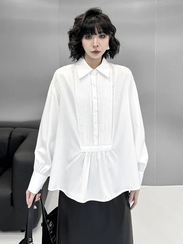 Long Sleeves Loose Buttoned Pleated Solid Color Polo Blouses&Shirts Tops - Image 13