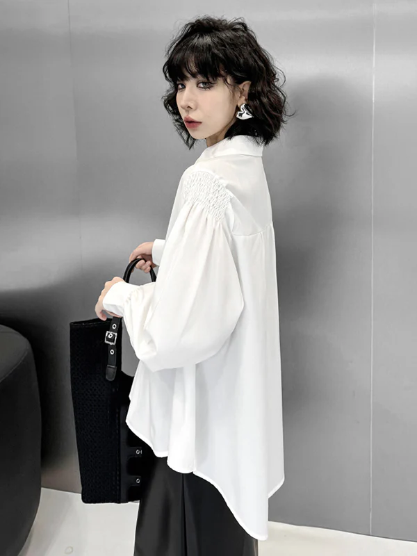 Long Sleeves Loose Buttoned Pleated Solid Color Polo Blouses&Shirts Tops - Image 14