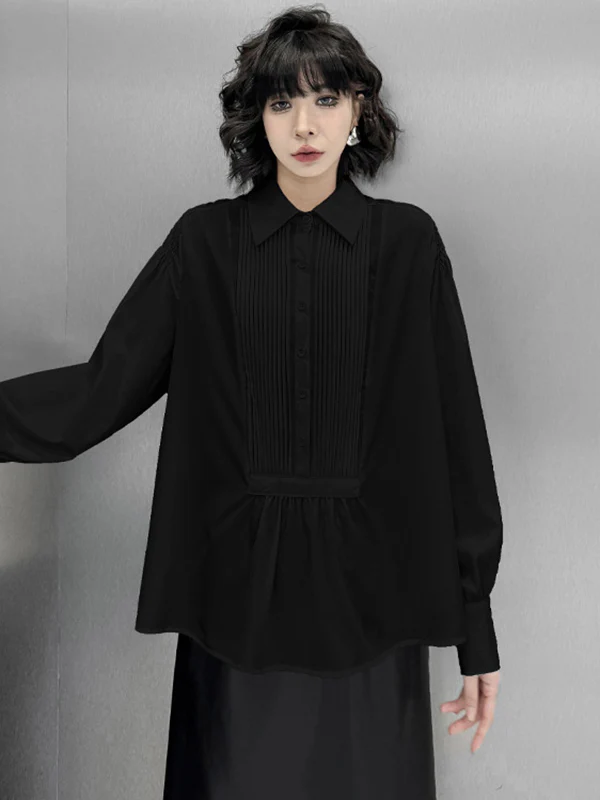 Long Sleeves Loose Buttoned Pleated Solid Color Polo Blouses&Shirts Tops - Image 2