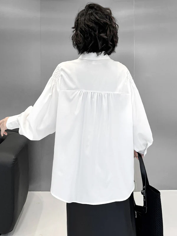 Long Sleeves Loose Buttoned Pleated Solid Color Polo Blouses&Shirts Tops - Image 20