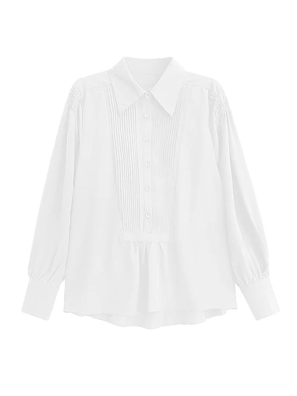 Long Sleeves Loose Buttoned Pleated Solid Color Polo Blouses&Shirts Tops - Image 21