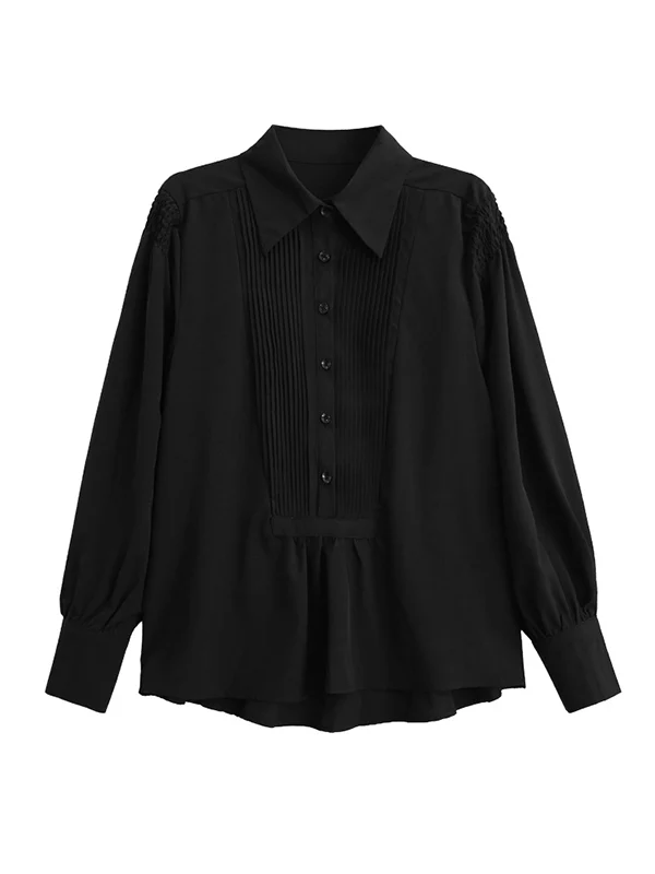 Long Sleeves Loose Buttoned Pleated Solid Color Polo Blouses&Shirts Tops - Image 22