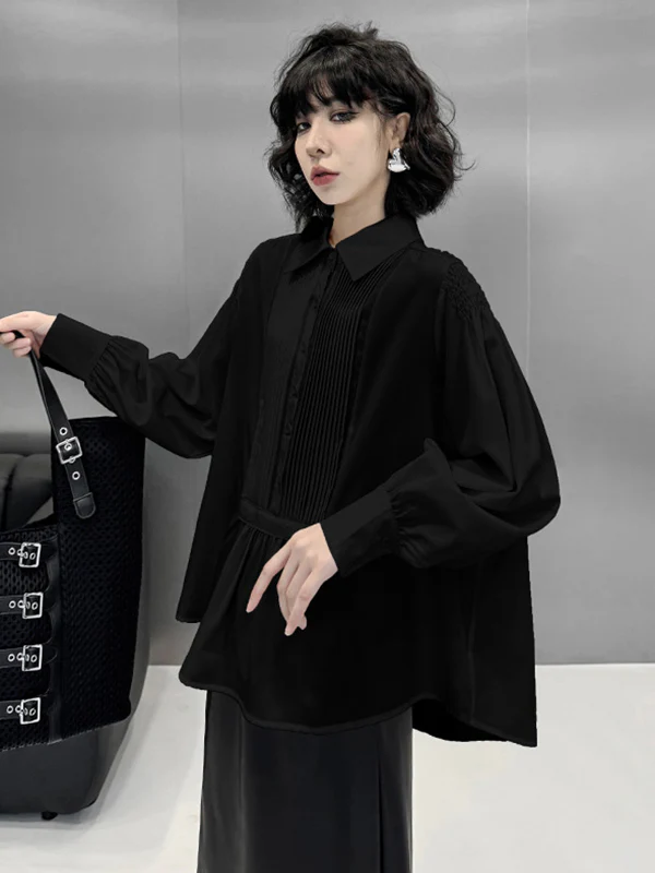 Long Sleeves Loose Buttoned Pleated Solid Color Polo Blouses&Shirts Tops - Image 3