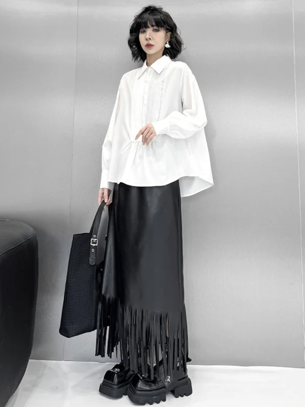 Long Sleeves Loose Buttoned Pleated Solid Color Polo Blouses&Shirts Tops - Image 4