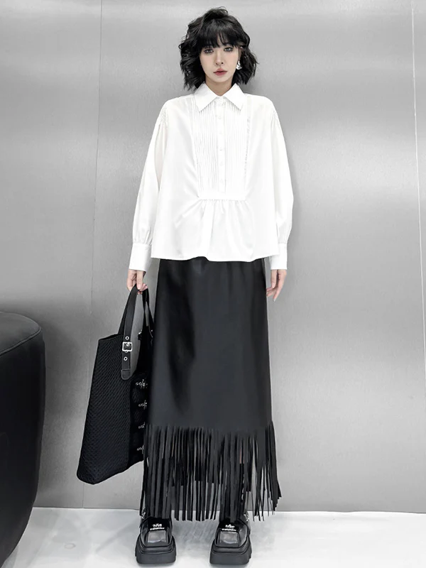 Long Sleeves Loose Buttoned Pleated Solid Color Polo Blouses&Shirts Tops - Image 5