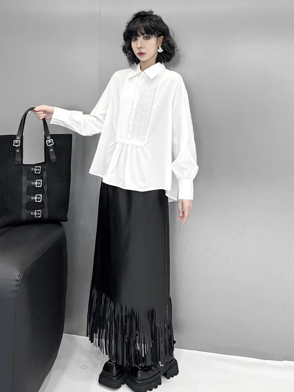Long Sleeves Loose Buttoned Pleated Solid Color Polo Blouses&Shirts Tops - Image 6