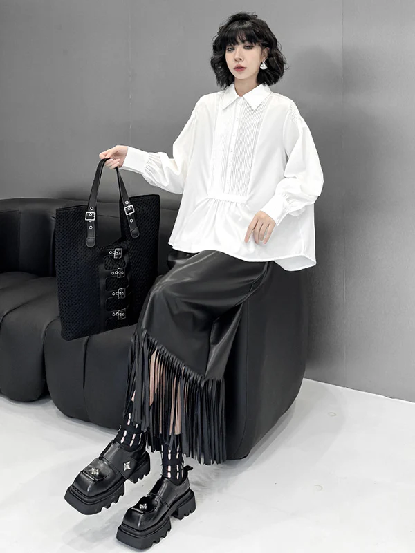Long Sleeves Loose Buttoned Pleated Solid Color Polo Blouses&Shirts Tops - Image 7