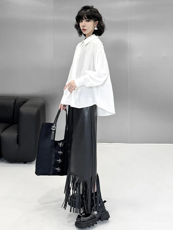 Long Sleeves Loose Buttoned Pleated Solid Color Polo Blouses&Shirts Tops - Image 8