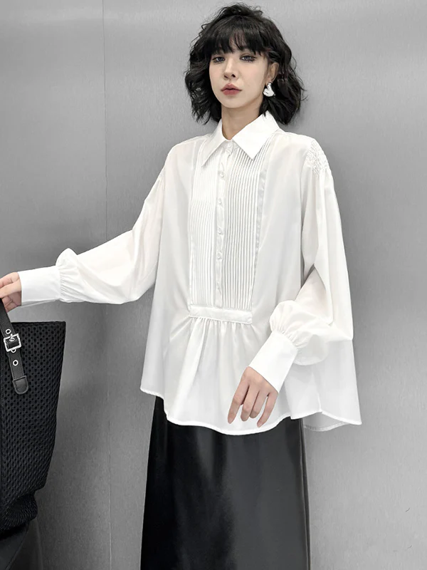 Long Sleeves Loose Buttoned Pleated Solid Color Polo Blouses&Shirts Tops - Image 9