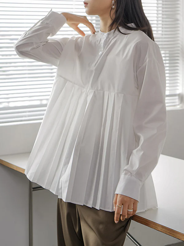 Long Sleeves Loose Buttoned Pleated Solid Color Round-Neck Blouses&Shirts Tops - Image 10