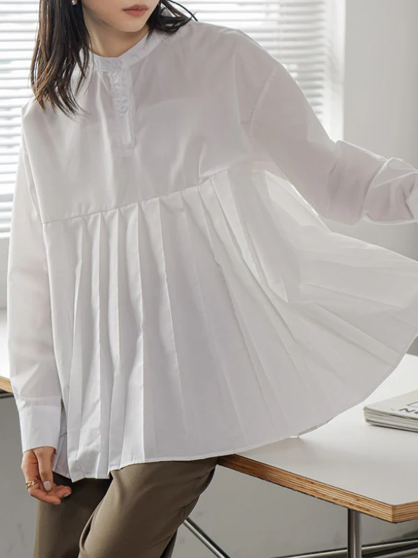 Long Sleeves Loose Buttoned Pleated Solid Color Round-Neck Blouses&Shirts Tops - Image 11