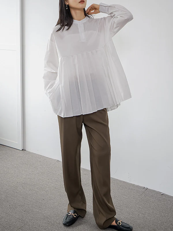 Long Sleeves Loose Buttoned Pleated Solid Color Round-Neck Blouses&Shirts Tops - Image 12