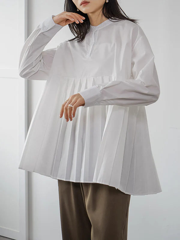 Long Sleeves Loose Buttoned Pleated Solid Color Round-Neck Blouses&Shirts Tops - Image 2