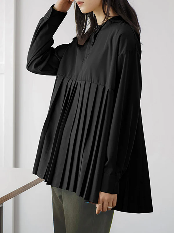 Long Sleeves Loose Buttoned Pleated Solid Color Round-Neck Blouses&Shirts Tops - Image 3