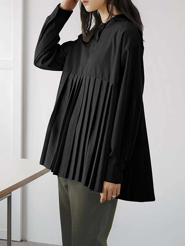 Long Sleeves Loose Buttoned Pleated Solid Color Round-Neck Blouses&Shirts Tops - Image 4