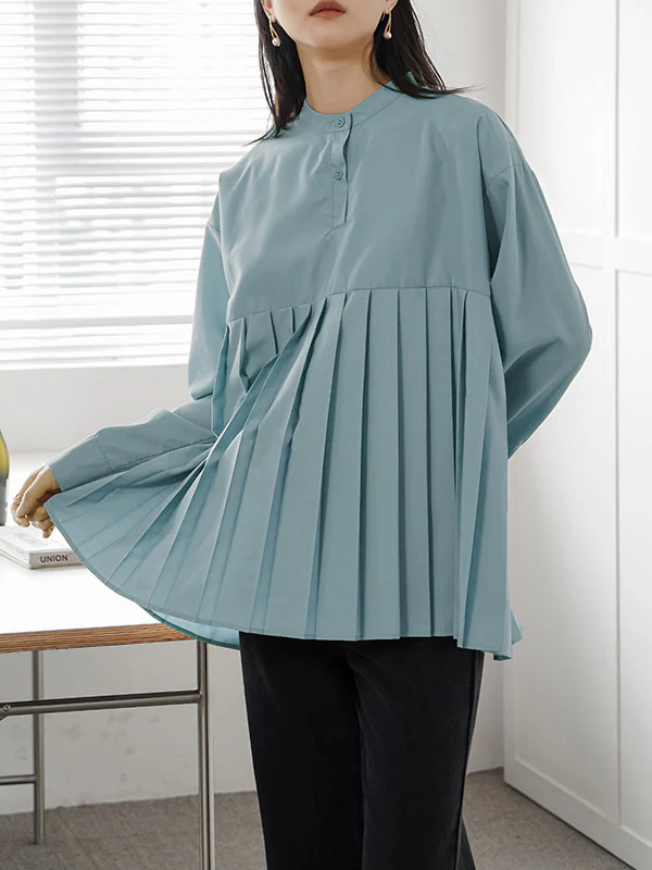 Long Sleeves Loose Buttoned Pleated Solid Color Round-Neck Blouses&Shirts Tops - Image 5