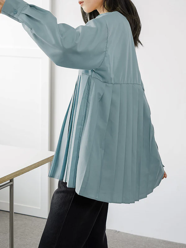 Long Sleeves Loose Buttoned Pleated Solid Color Round-Neck Blouses&Shirts Tops - Image 6