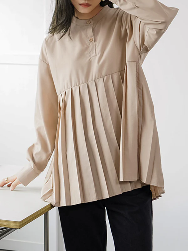 Long Sleeves Loose Buttoned Pleated Solid Color Round-Neck Blouses&Shirts Tops - Image 7