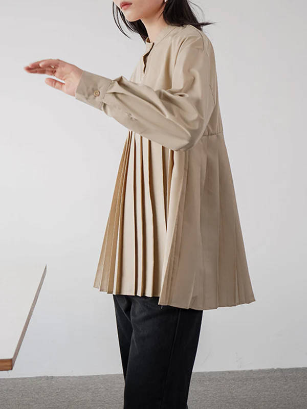 Long Sleeves Loose Buttoned Pleated Solid Color Round-Neck Blouses&Shirts Tops - Image 8