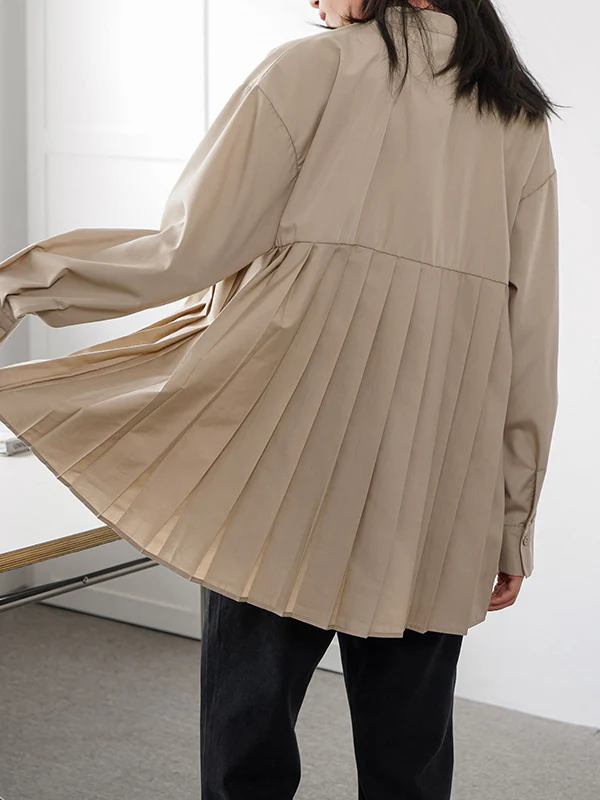 Long Sleeves Loose Buttoned Pleated Solid Color Round-Neck Blouses&Shirts Tops - Image 9