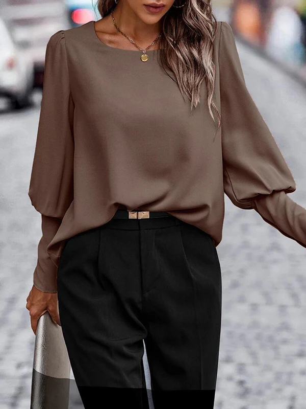 Long Sleeves Loose Buttoned Pleated Solid Color Round-Neck Blouses&Shirts Tops - Image 10