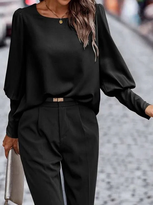 Long Sleeves Loose Buttoned Pleated Solid Color Round-Neck Blouses&Shirts Tops - Image 3