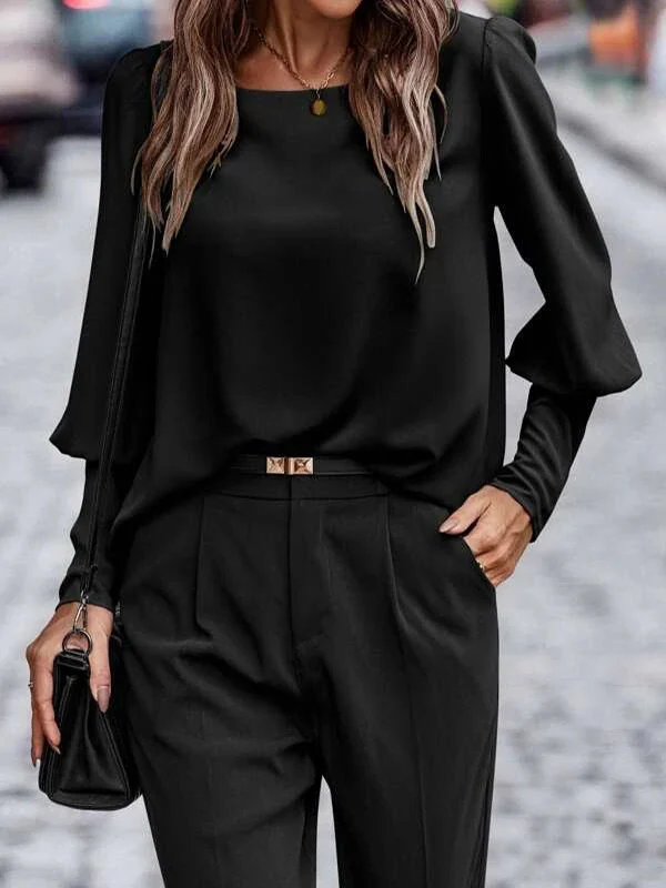 Long Sleeves Loose Buttoned Pleated Solid Color Round-Neck Blouses&Shirts Tops - Image 4