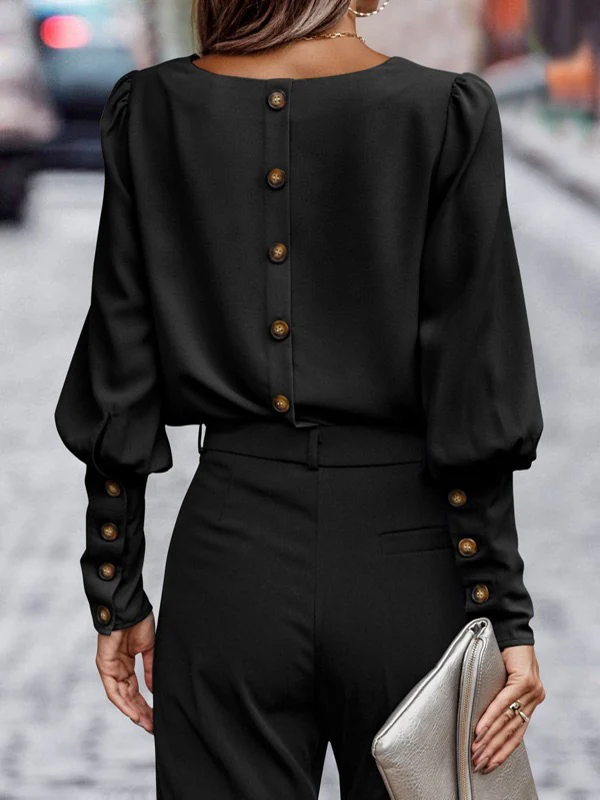 Long Sleeves Loose Buttoned Pleated Solid Color Round-Neck Blouses&Shirts Tops - Image 5