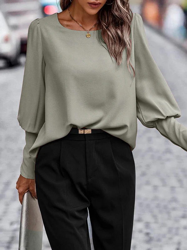 Long Sleeves Loose Buttoned Pleated Solid Color Round-Neck Blouses&Shirts Tops - Image 7