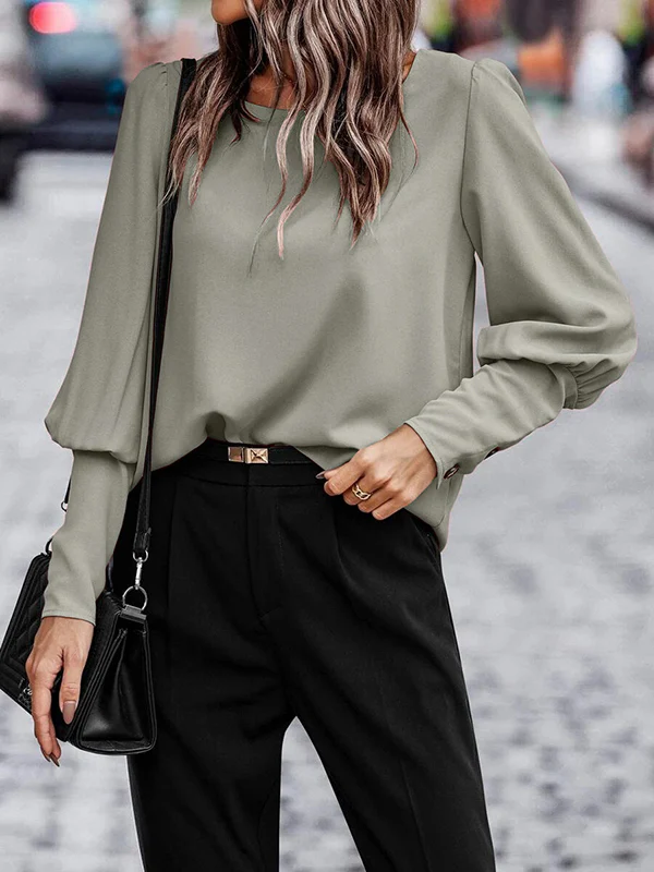 Long Sleeves Loose Buttoned Pleated Solid Color Round-Neck Blouses&Shirts Tops - Image 8